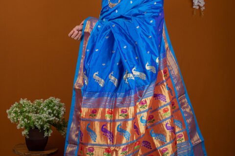 Traditional Indian Yeola Blue Handloom Saree with Tissue Pallu