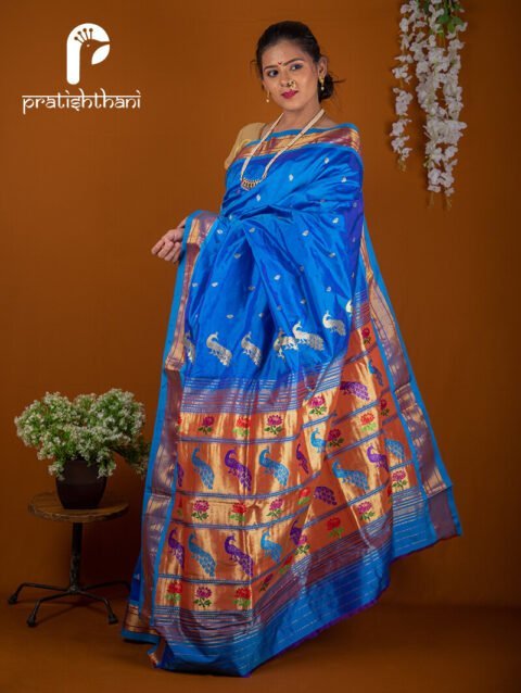 Traditional Indian Yeola Blue Handloom Saree with Tissue Pallu