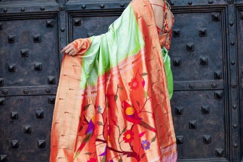 Light Green Handloom Yeola Double Muniya Paithani Saree