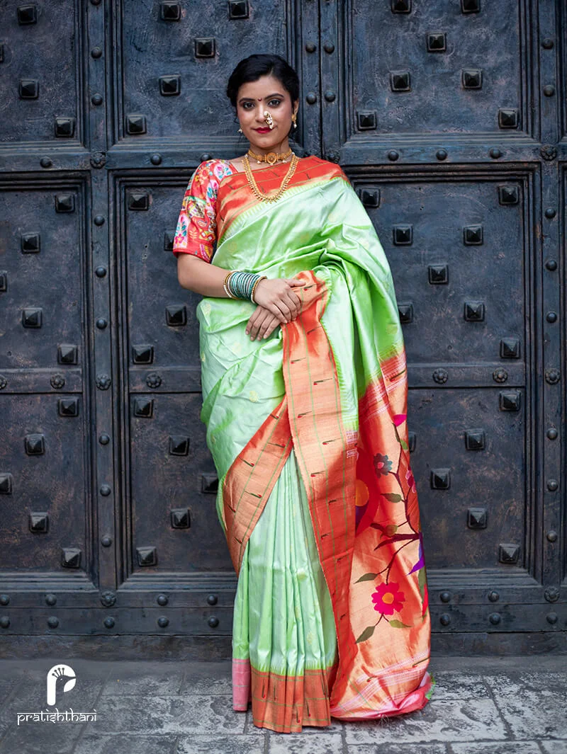 Light Gree Yeola Handloom Double Muniya Paithani Saree