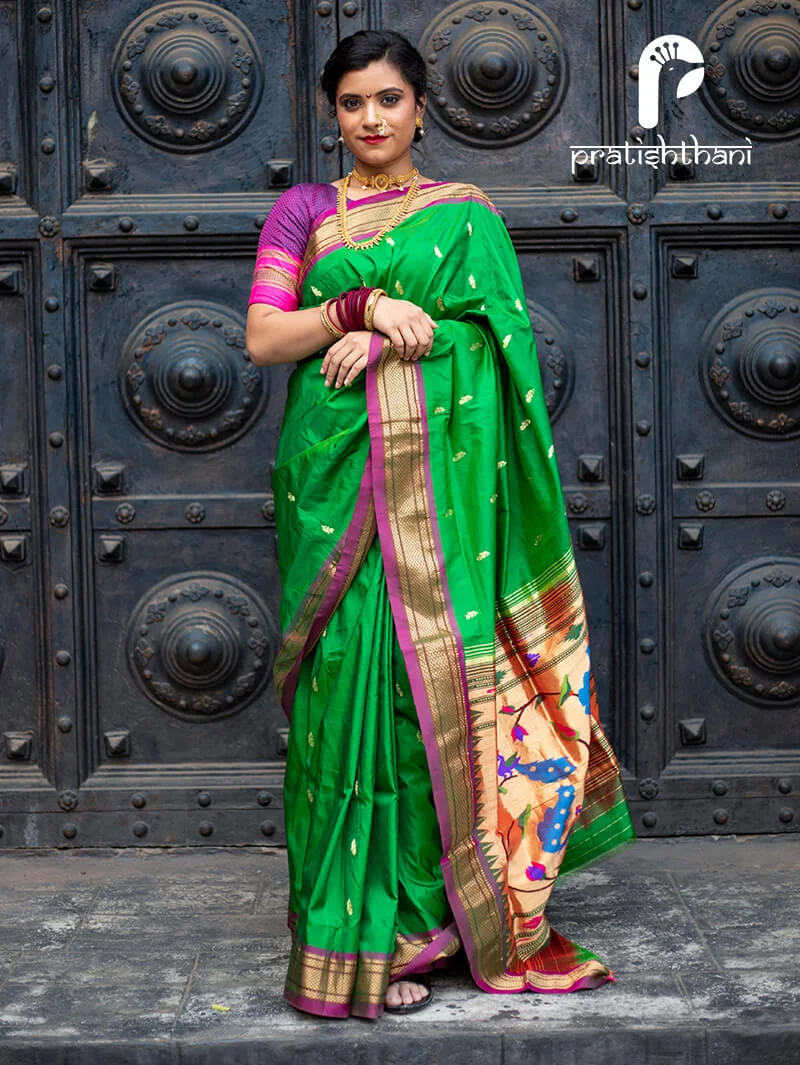 Green Yeola Paithani Saree with Fancy Pallu