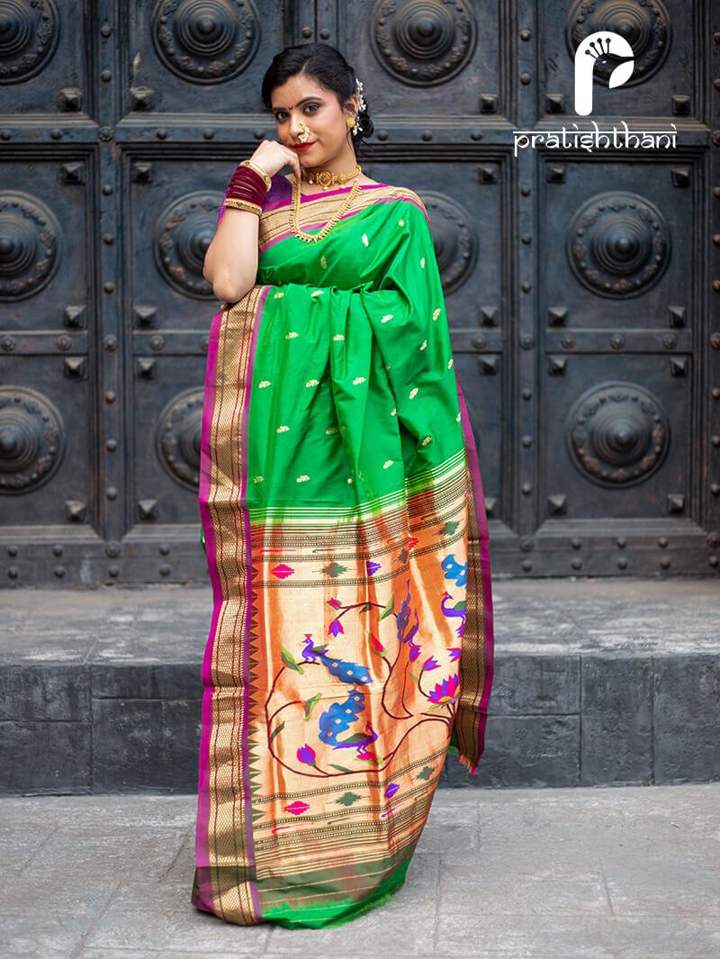 Traditional Bottle-Green Paithani Silk Saree With Red Border