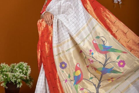 Yeola White Check Handloom Triple Muniya Paithani Saree