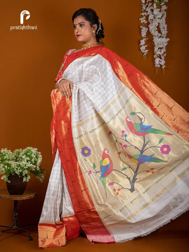 Yeola White Check Handloom Triple Muniya Paithani Saree