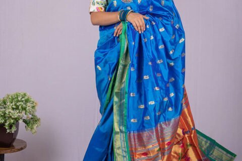 Double Pallu Yeola Blue Handloom Paithani Saree