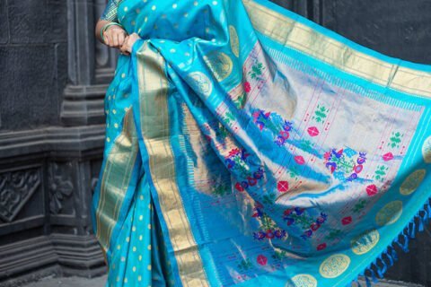 A beautiful sky blue Kalanjali Paithani saree