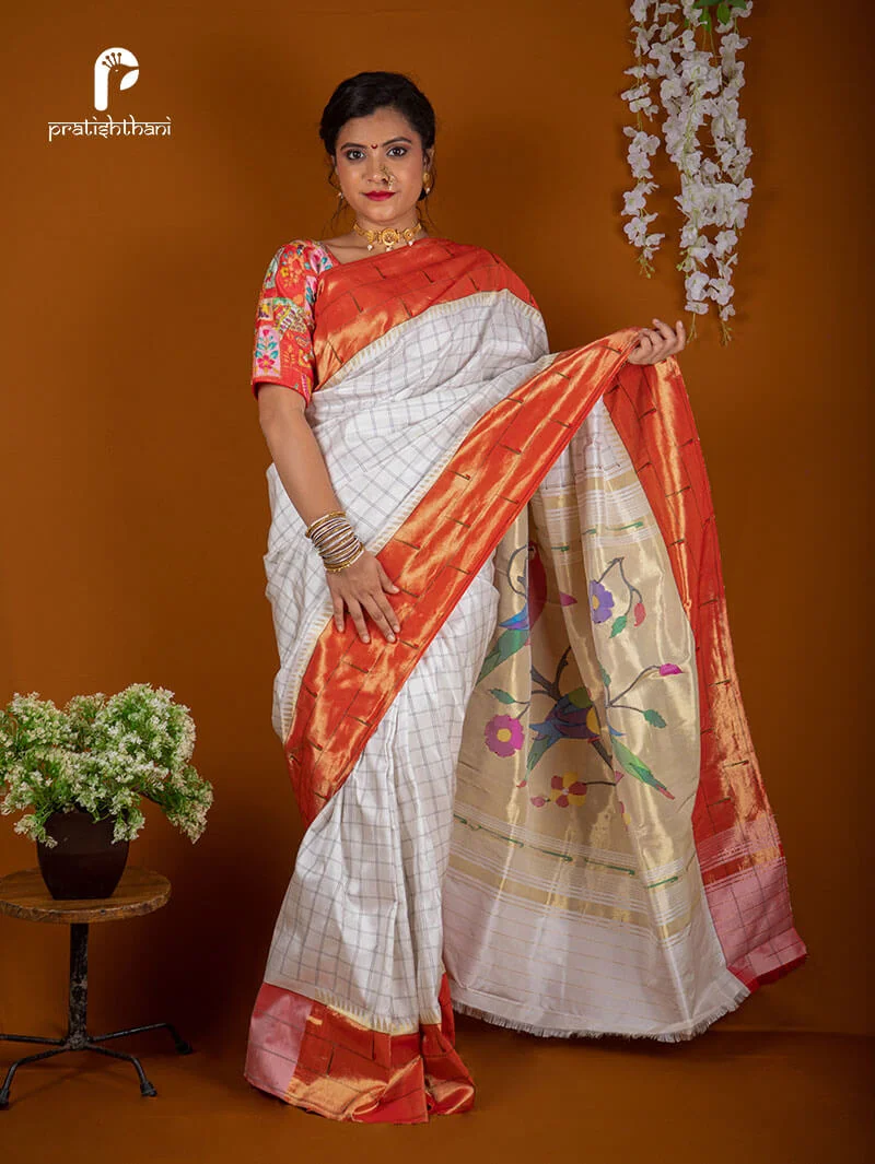 Yeola White Paithani Saree with Triple Muniya Border and Fancy Pallu