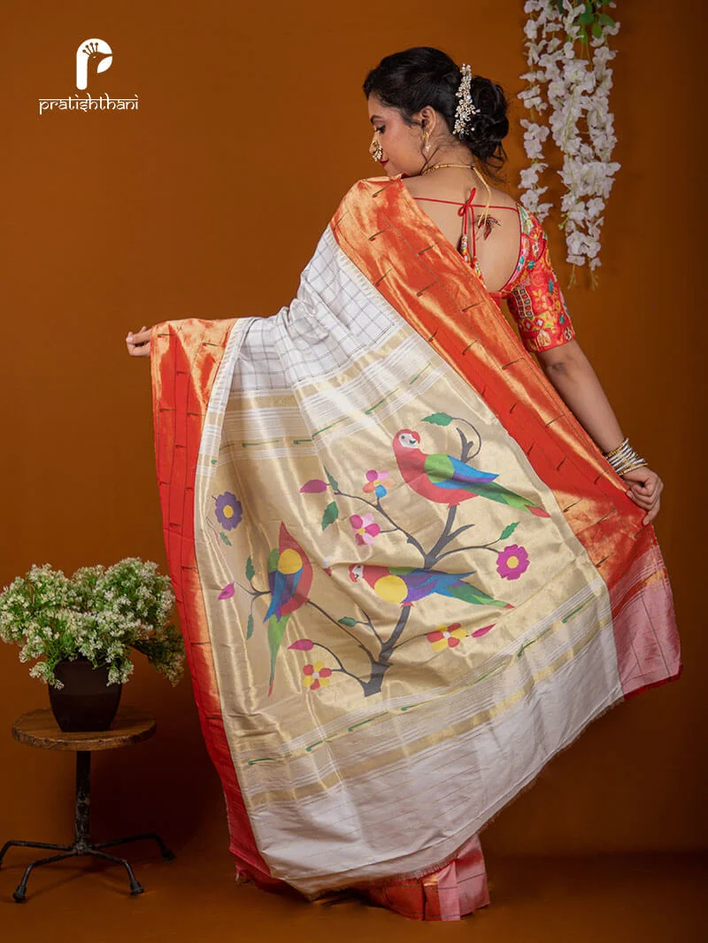 Yeola White Handcrafted Saree with Triple Muniya Border and Fancy Pallu