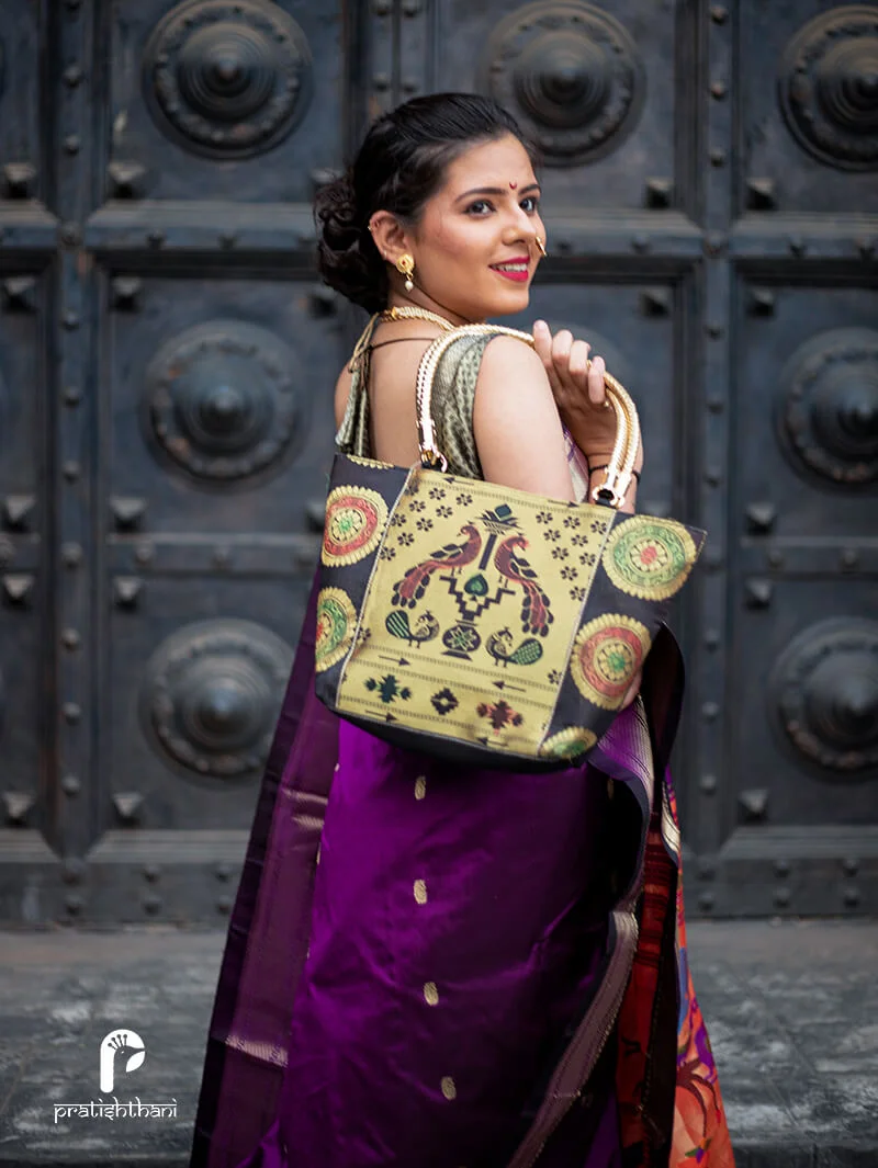 Chic and Versatile Women's Paithani Tote Bag in Black