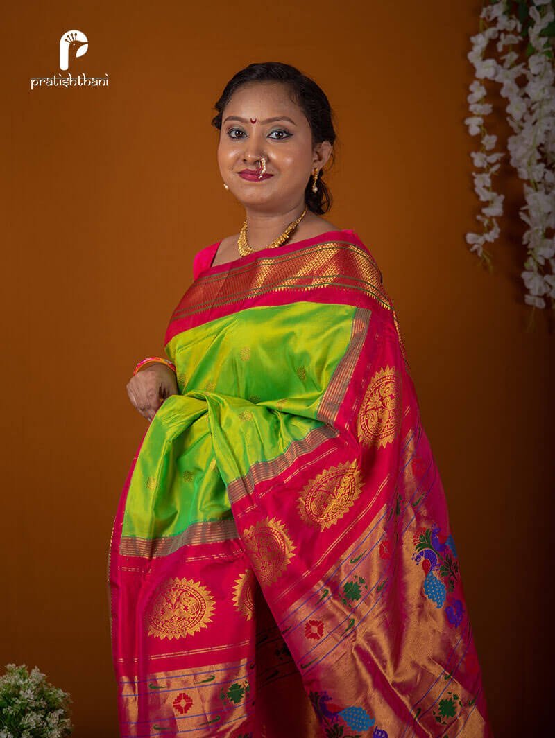 Woven Silk Maharani Kadiyal Paithani in Parrot Green | Buy Now!