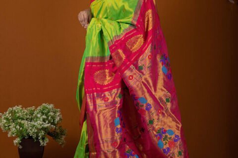 Parrot Green Yeola Handloom Maharani Paithani Saree