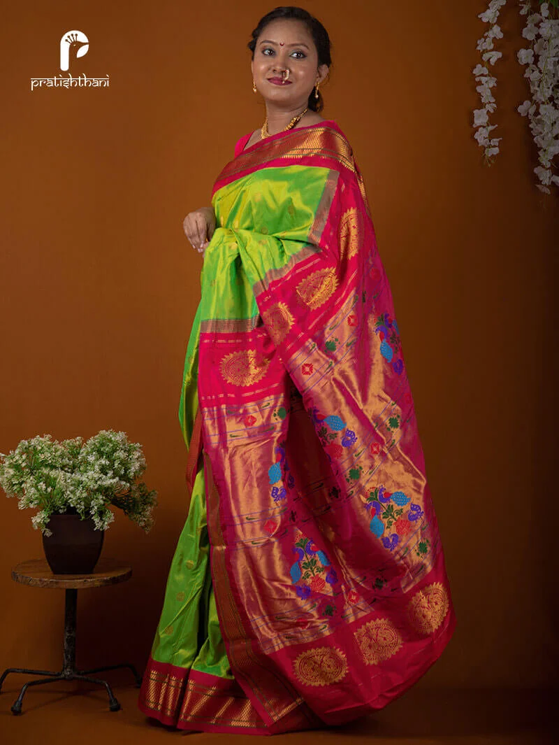 Parrot Green Yeola Handloom Maharani Paithani Saree