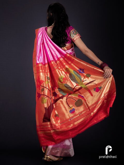 Pink Handcrafted Single Muniya Paithani Saree with Parrot Fancy Pallu