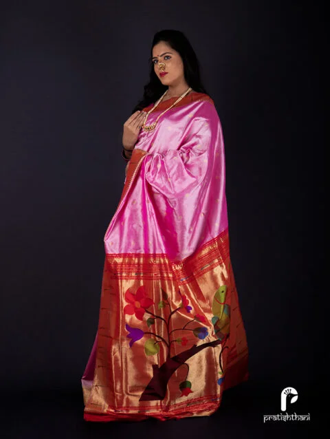 Light Pink Yeola Handloom Single Muniya Silk Paithani Saree