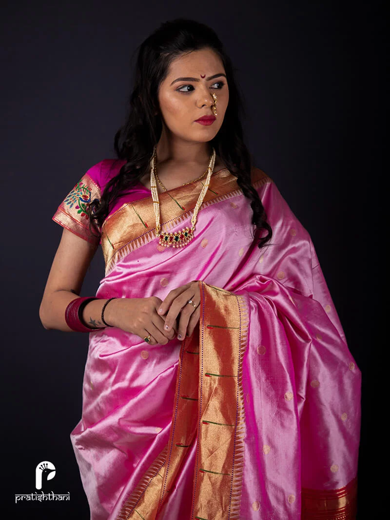 Yeola Light Pink Handwoven Single Muniya Border Paithani Saree