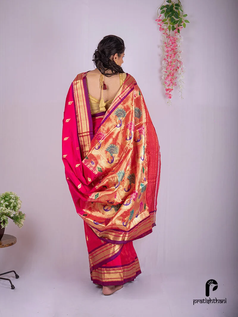 Stylish Pink Handloom Meena All Over Paithani Saree