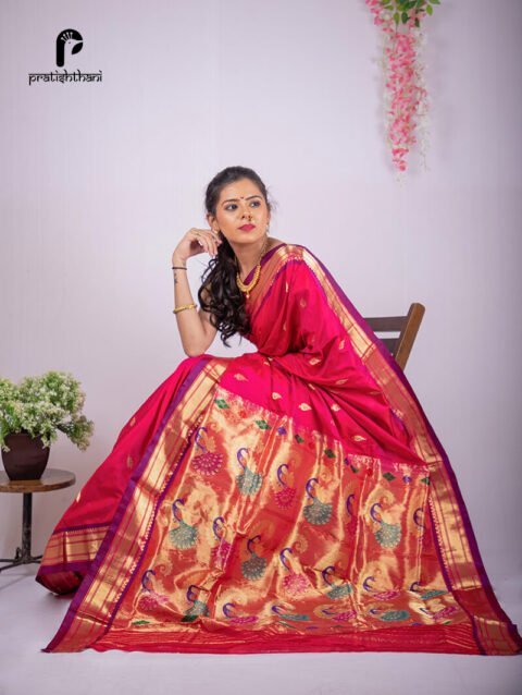 Yeola Pink Handloom Meena Butti Paithani Saree