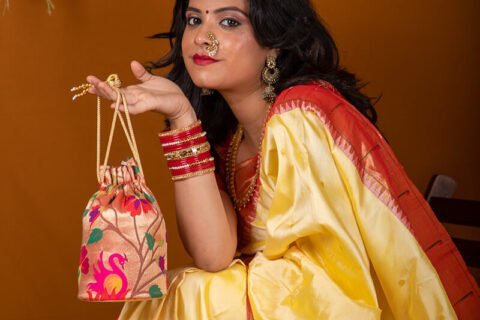 Brown Yeola Handmade Paithani Potli Bag
