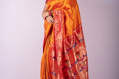 Yeola handwoven Orange single muniya border Paithani Saree