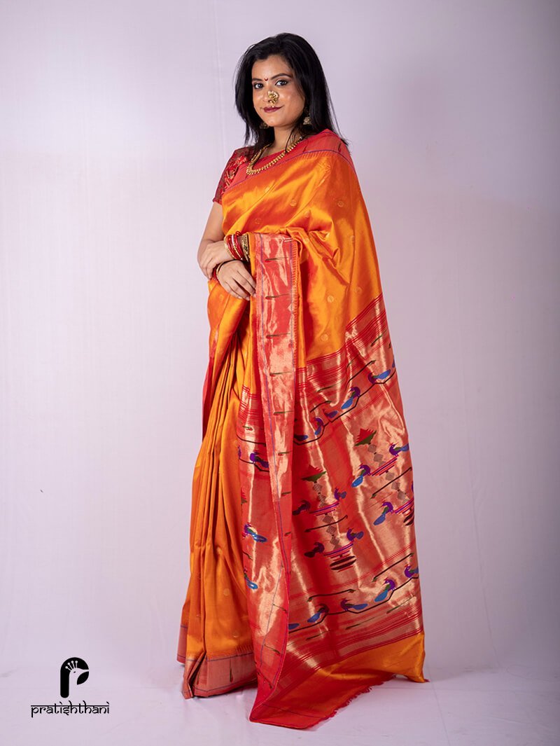 Buy Orange Handloom Single Muniya Pure Silk Yeola Paithani Sari