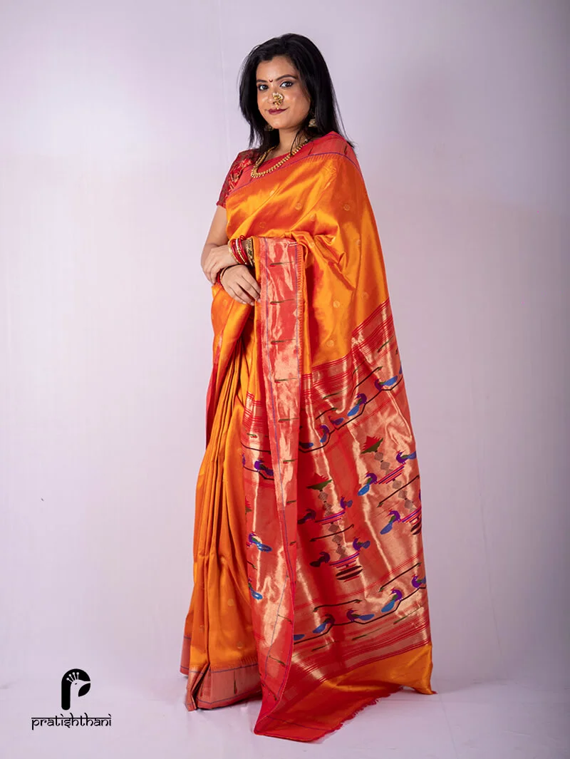 Yeola handwoven Orange single muniya border Paithani Saree