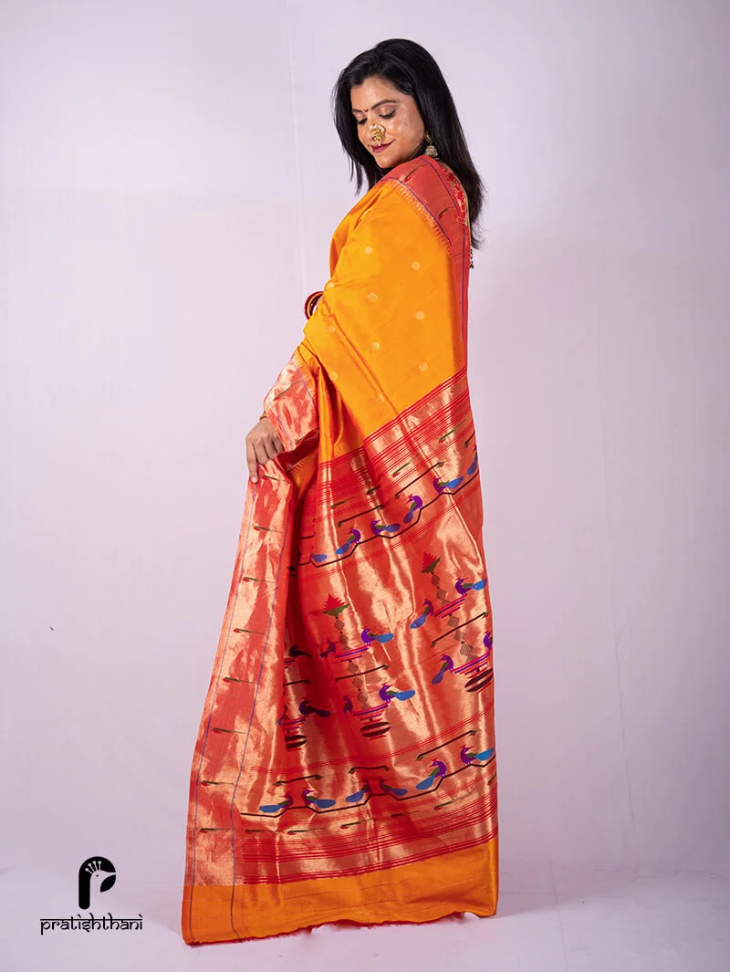 Ethnic Yeola Orange Handloom Muniya Paithani Saree