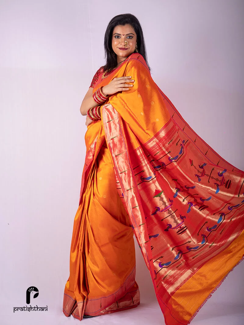 Orange Yeola Single Muniya Border Paithani Saree