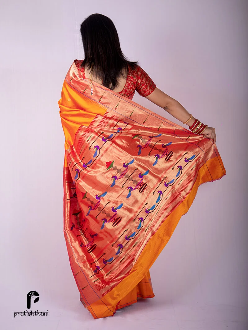 Handwoven Yeola Orange Muniya Border Paithani Saree