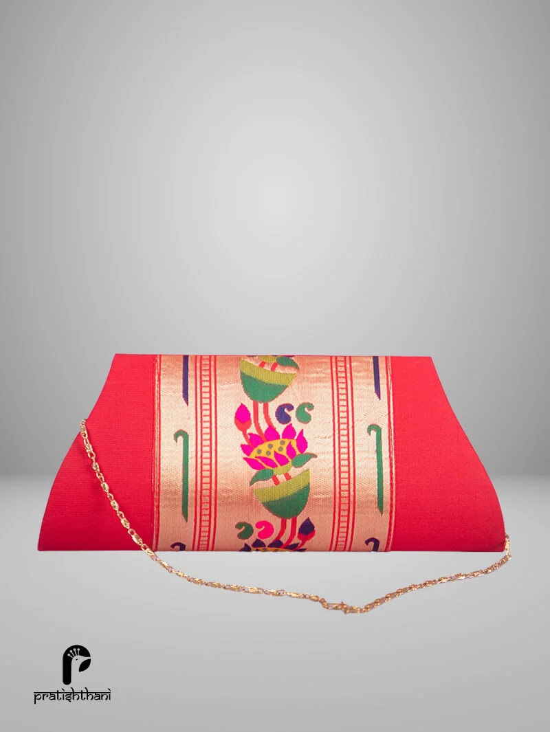 Yeola Handmade Red Paithani Clutch Purse for Women