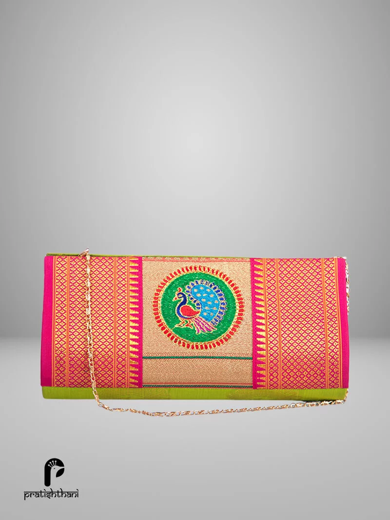 Vibrant Pink and Lime Green Sling Yeola Paithani Clutch Purse for Women