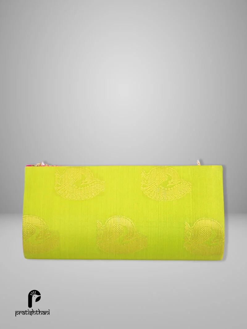 Stylish Women's Sling Mini Yeola Paithani Purse in Pink and Lime Green Colour