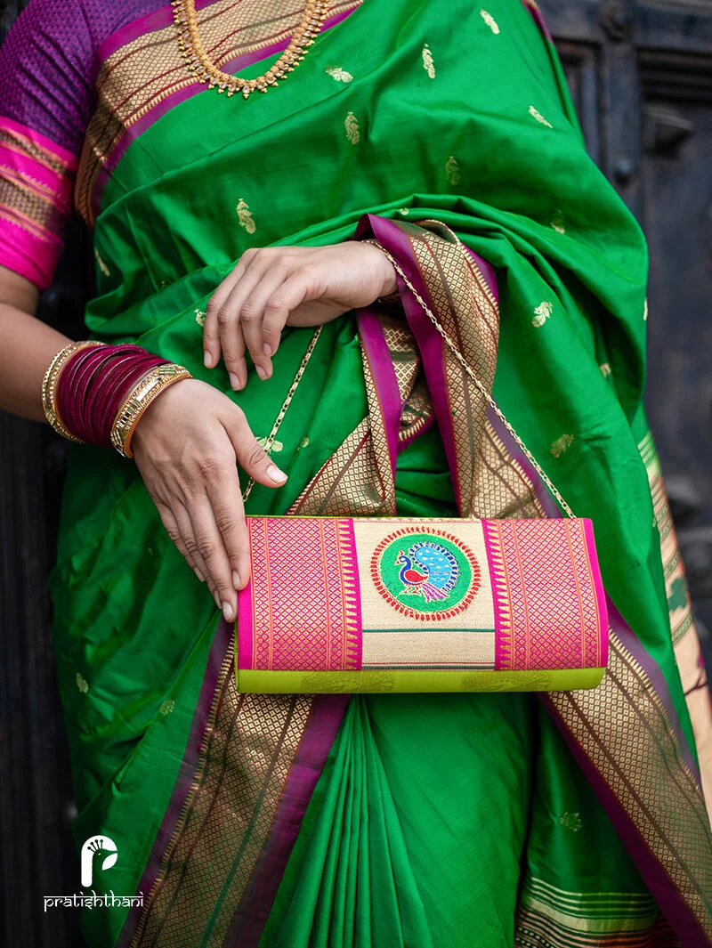 Chic and Trendy Pink and Lime Green Yeola Paithani Sling Purse for Women