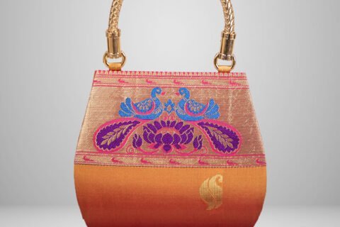 Exquisite Peacock Textured Yeola Orange Paithani Purse for Women