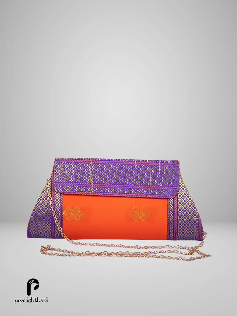 Bold and Vibrant: Women's Orange & Purple Colour Yeola Paithani Sling Bag