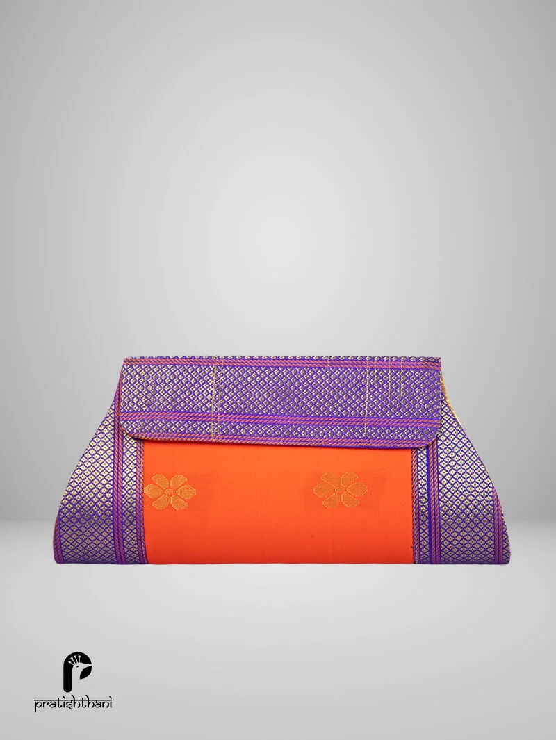 Chic and Stylish: Women's Small Yeola Paithani Sling Bag in Orange & Purple