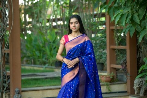 Navy Blue Kubear Semi Paithani Saree