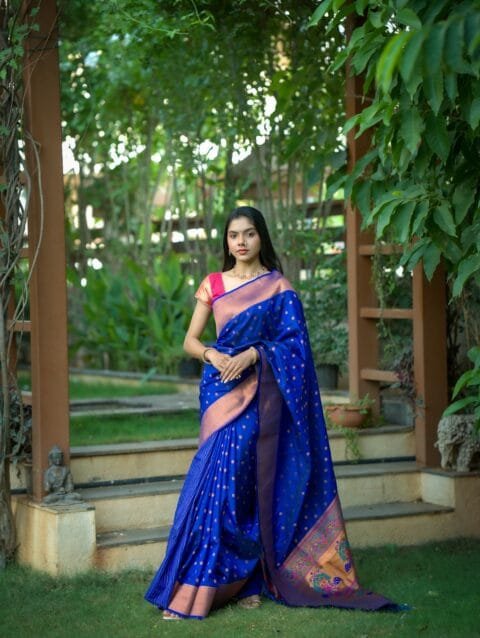 Navy Blue Kubear Semi Paithani Saree