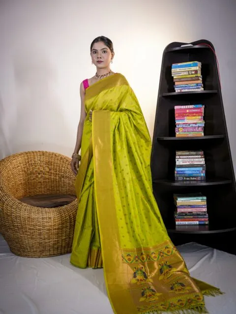 Parrot Green Kubear Semi Paithani Saree