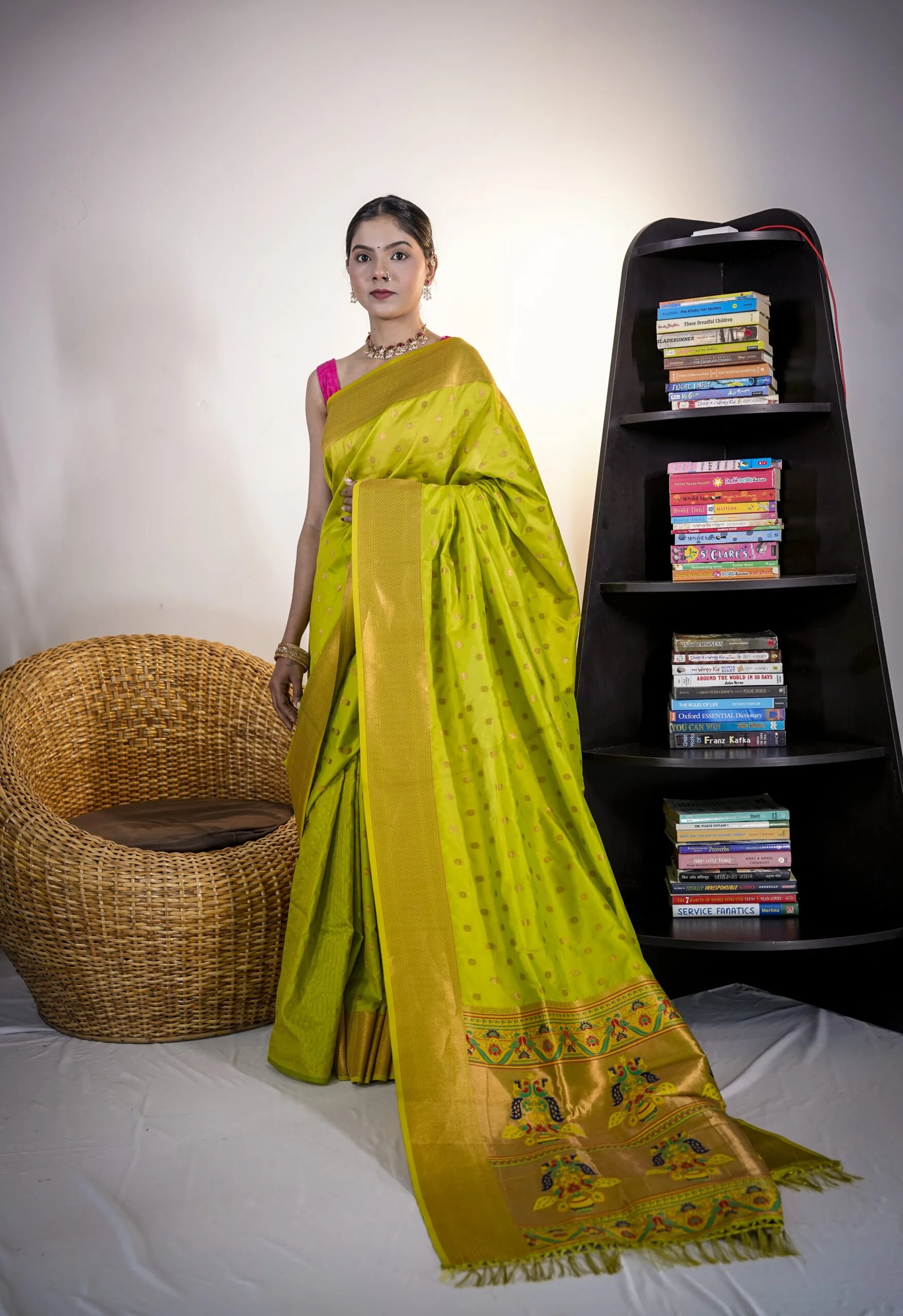 Parrot Green Kubear Semi Paithani Saree