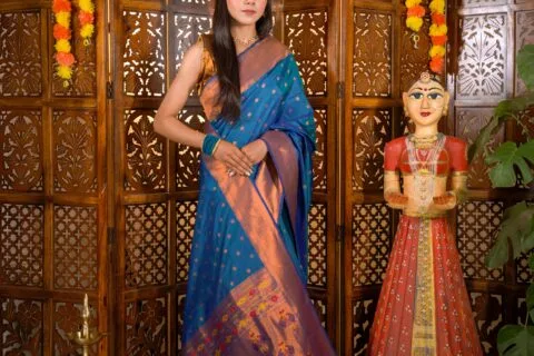 Blue Yeola Star Semi Paithani Saree
