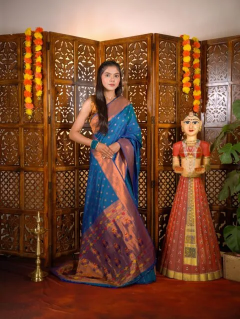 Blue Yeola Star Semi Paithani Saree