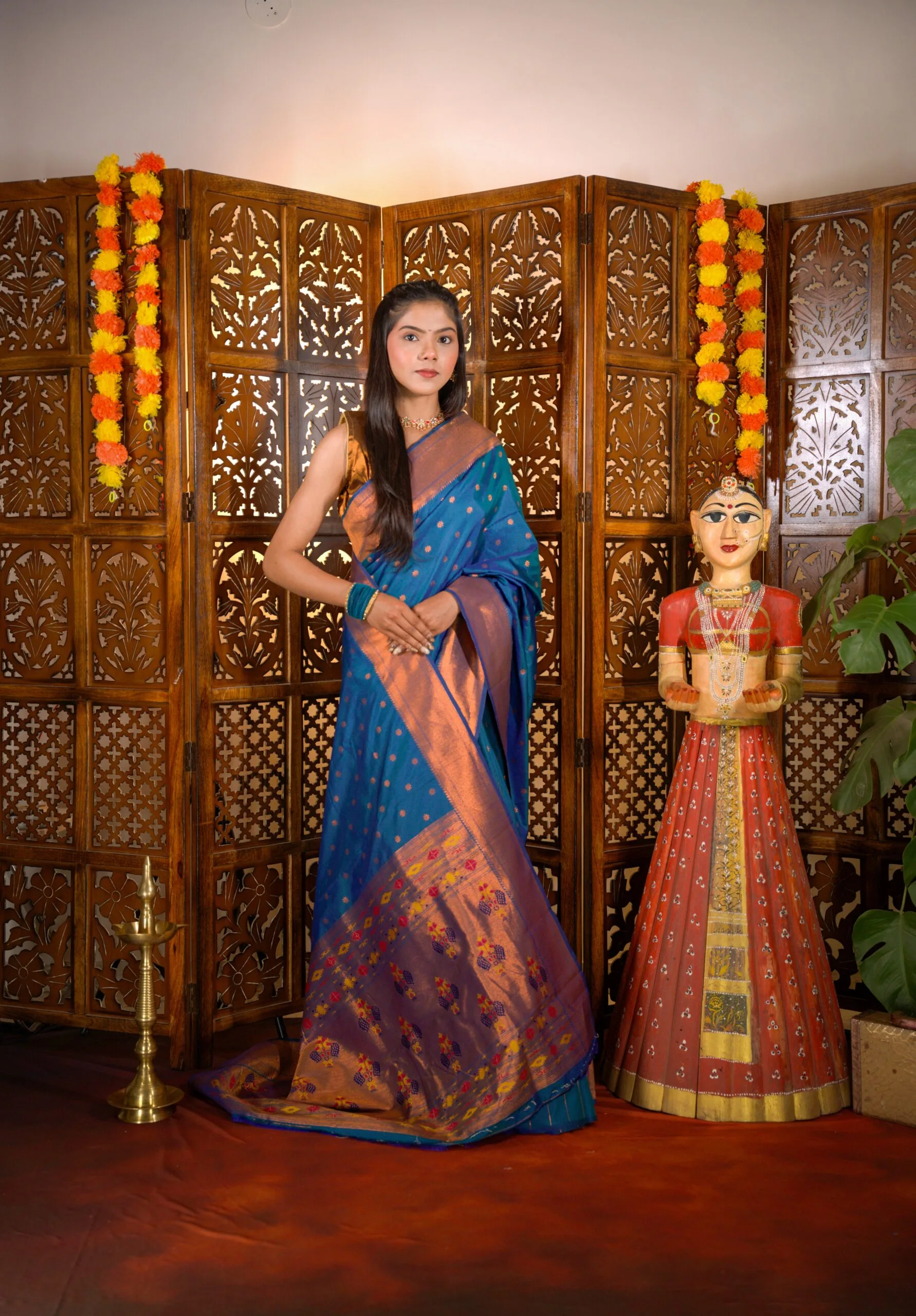 Blue Yeola Star Semi Paithani Saree