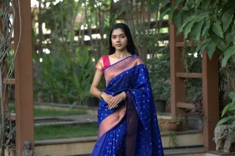 Navy Blue Kubear Semi Paithani Saree