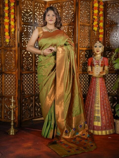Mehendi Green Star Semi Paithani Saree