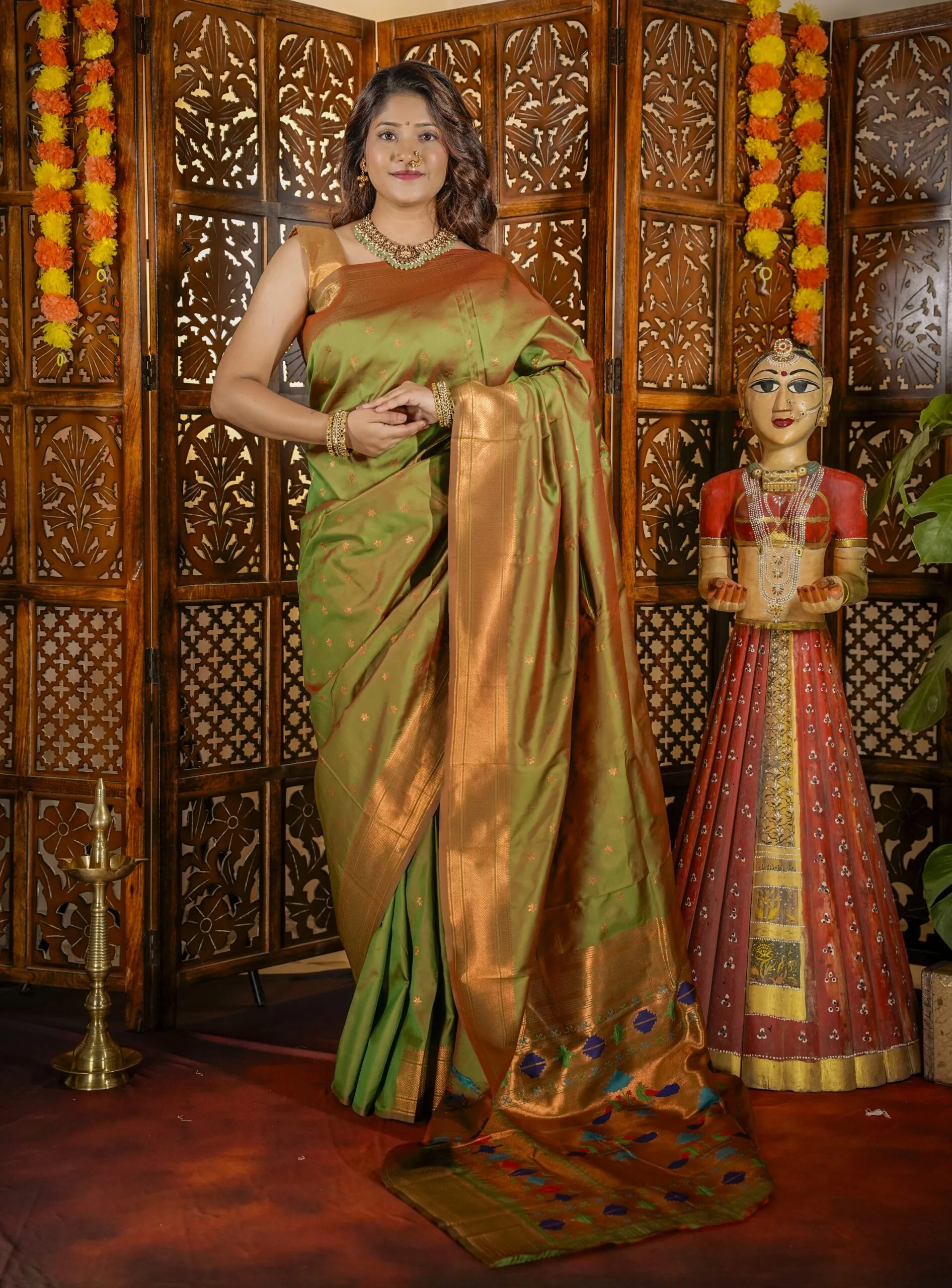 Mehendi Green Star Semi Paithani Saree