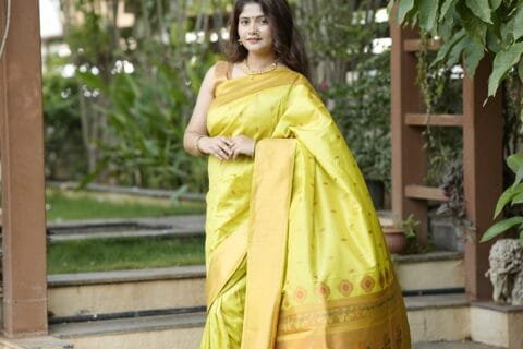 Parrot Green Kubear Semi Paithani Saree
