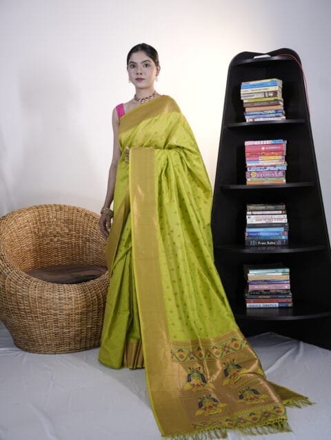 Parrot Green Kubear Semi Paithani Saree