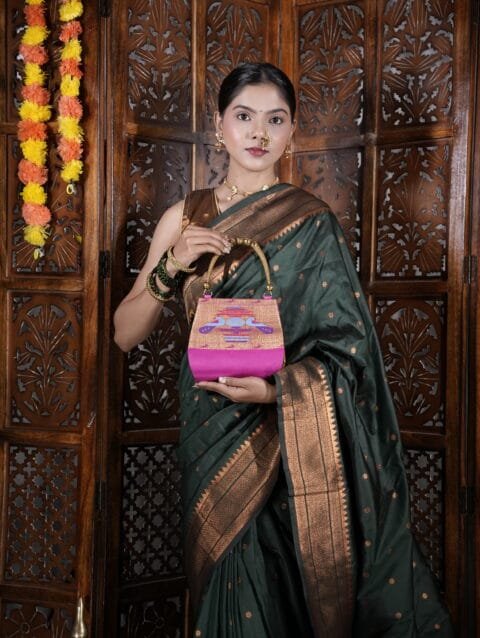 Handmade pink Paithani handbag for women