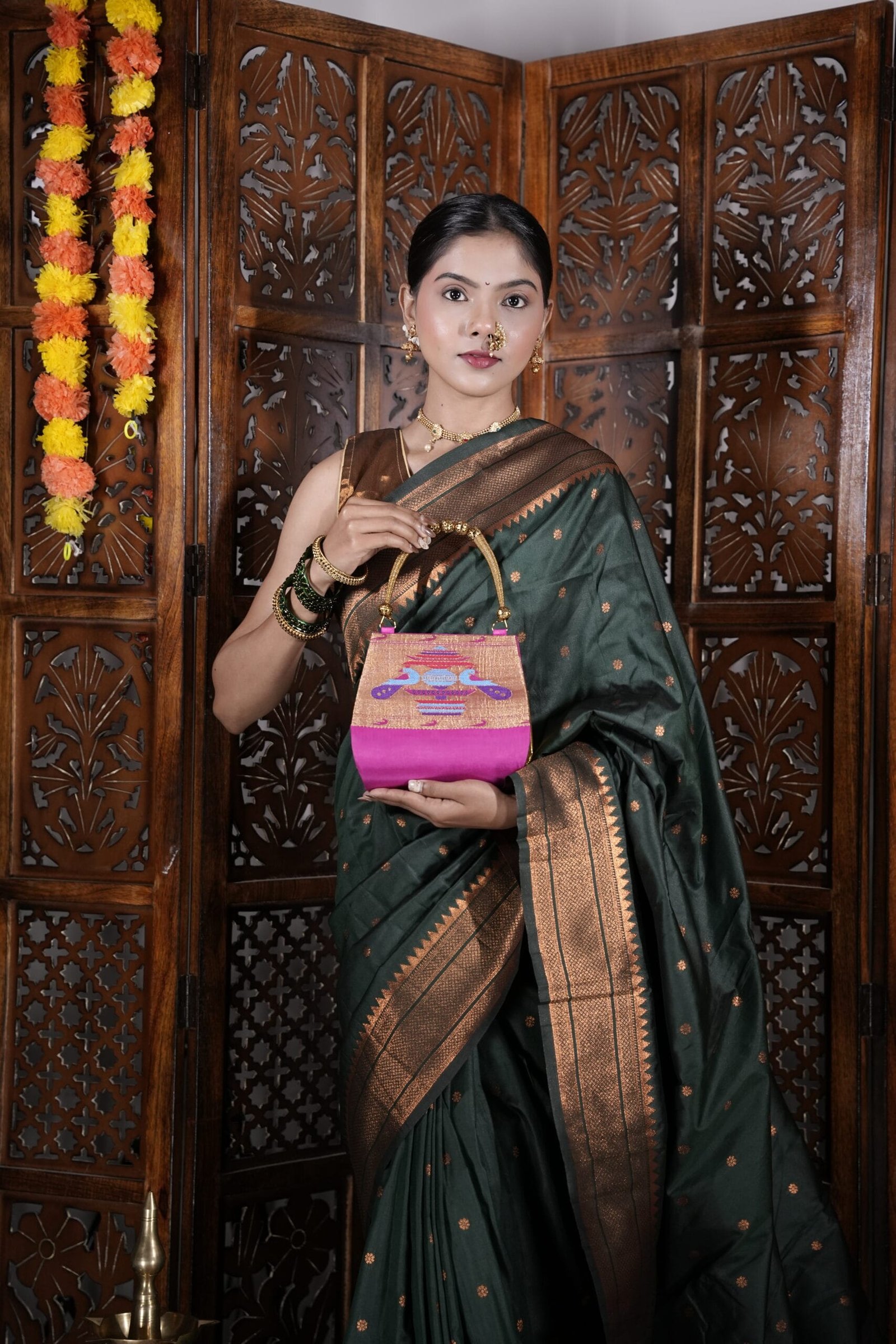 Handmade pink Paithani handbag for women