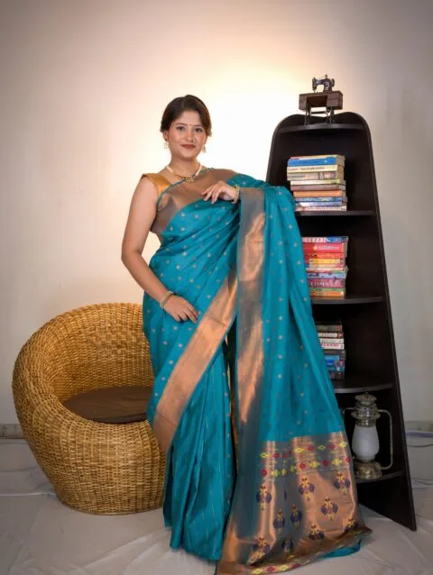 Turquoise Blue Semi Paithani Saree